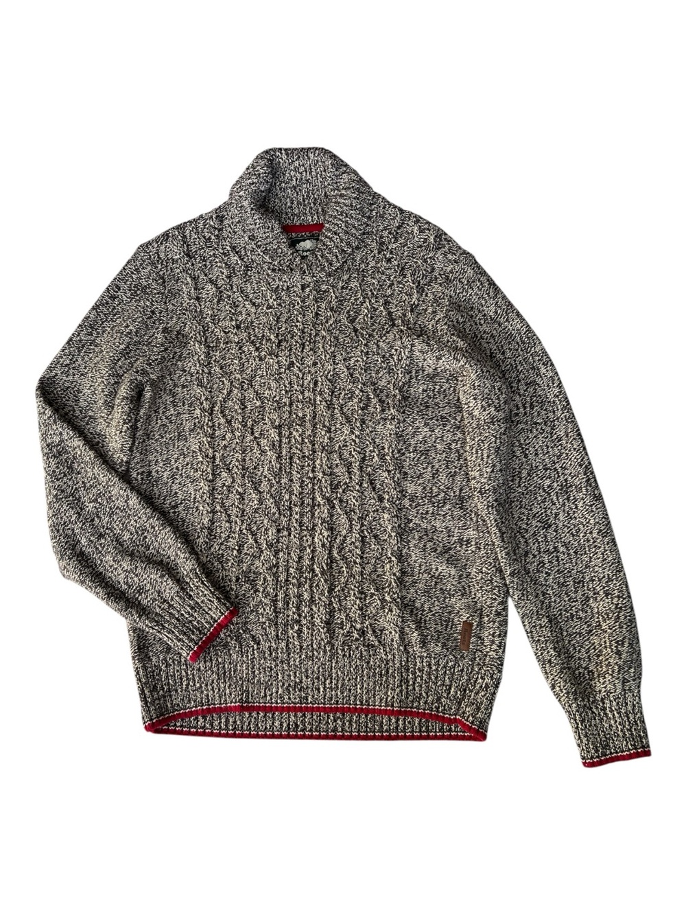 Roots Men's Gray Marled Cable Knit Crewneck Sweater with Red Trim